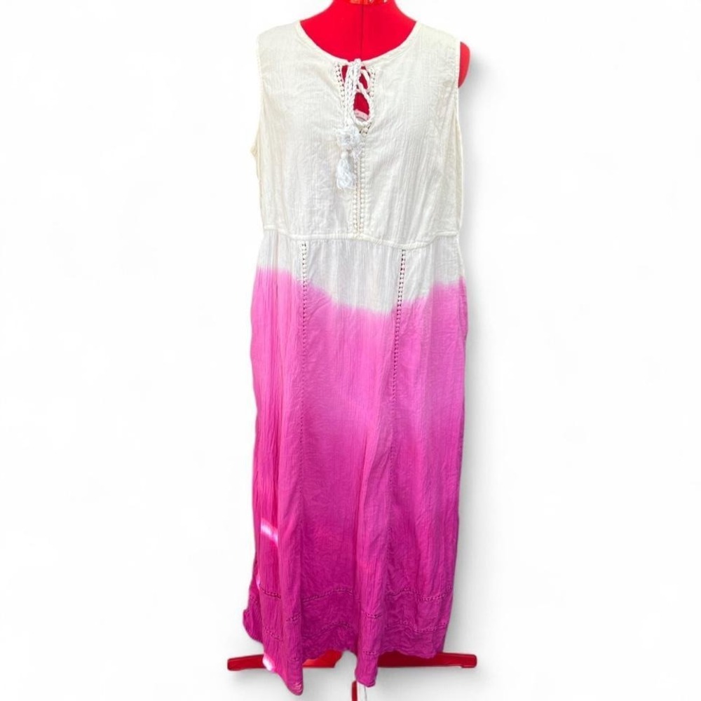 Only Necessities Cotton Pink White Ombré Maxi Dress with tie front size 18/20